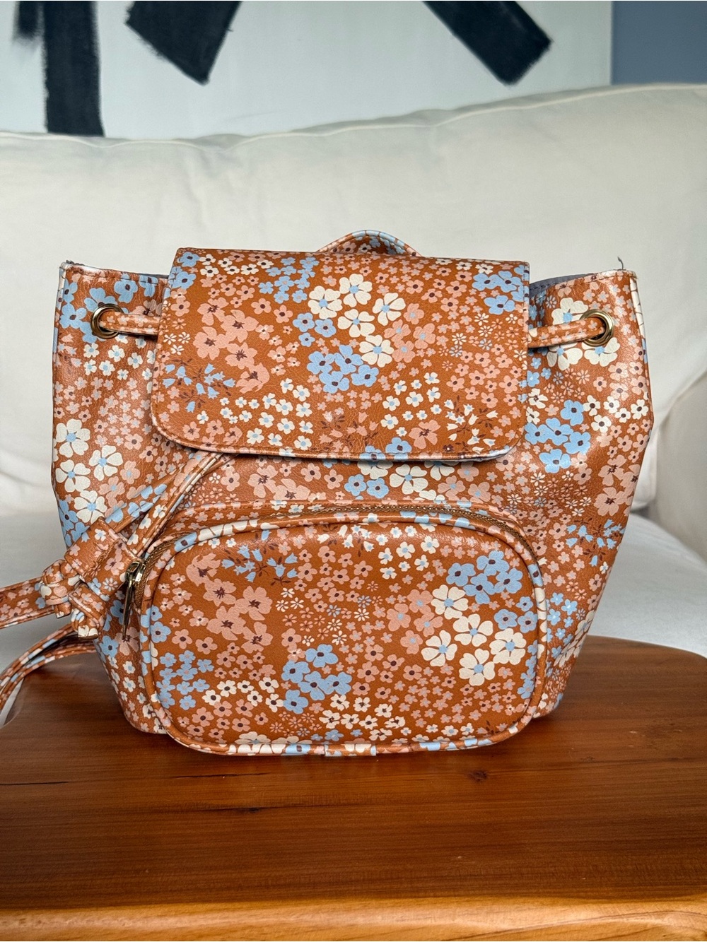wild fable Floral Drawstring Backpack - Brown, Blue, Cream Faux Leather